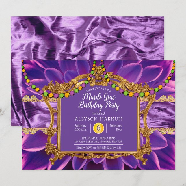 Invitation Purple Elegant Floral Mardi Gras fête d'anniversai (Devant / Derrière)