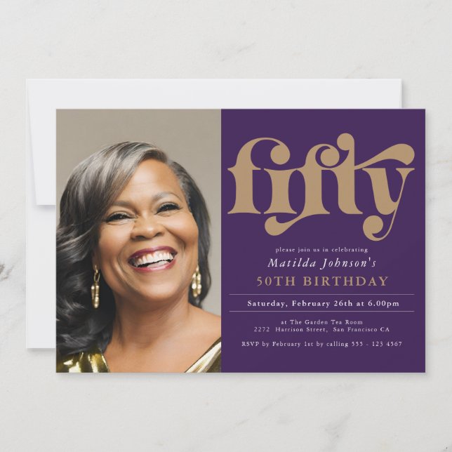 Invitation Purple Elegant Photo 50e anniversaire (Devant)