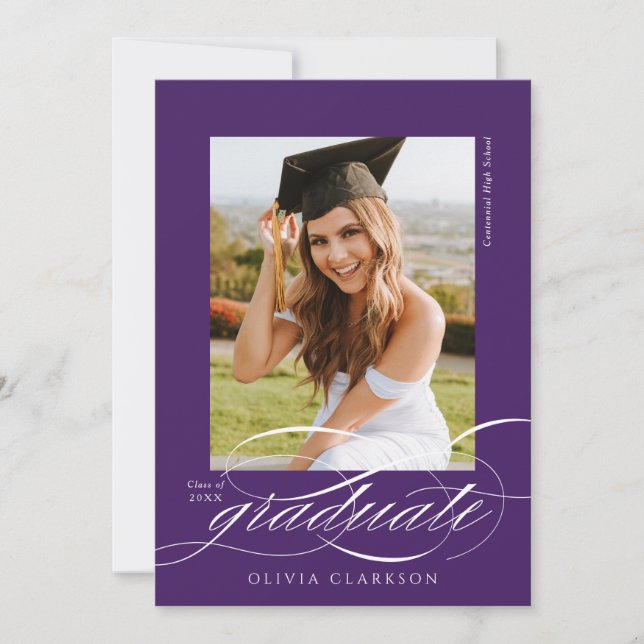 Invitation Purple Elegant Script Photo Graduation Party (Devant)