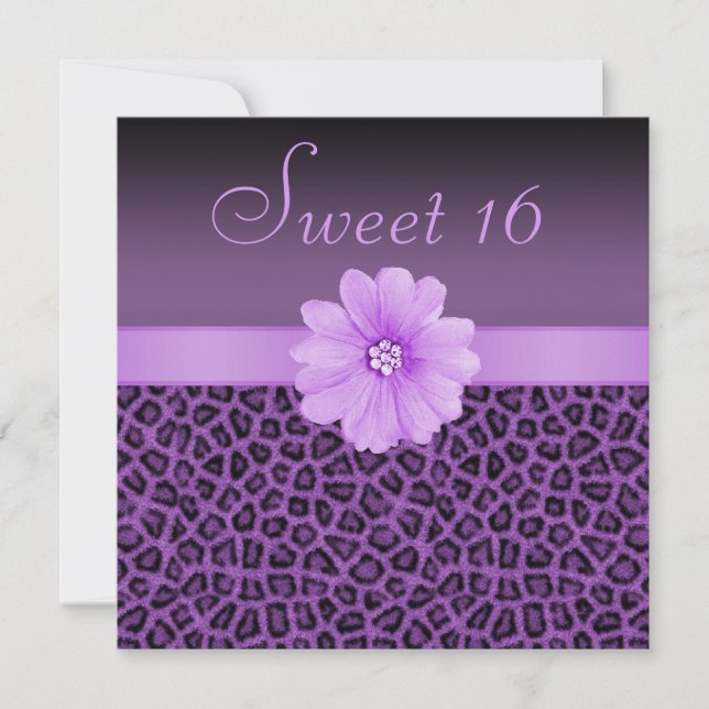 Invitation Purple Empreinte de léopard & Fleur de Bling Sweet (Devant)