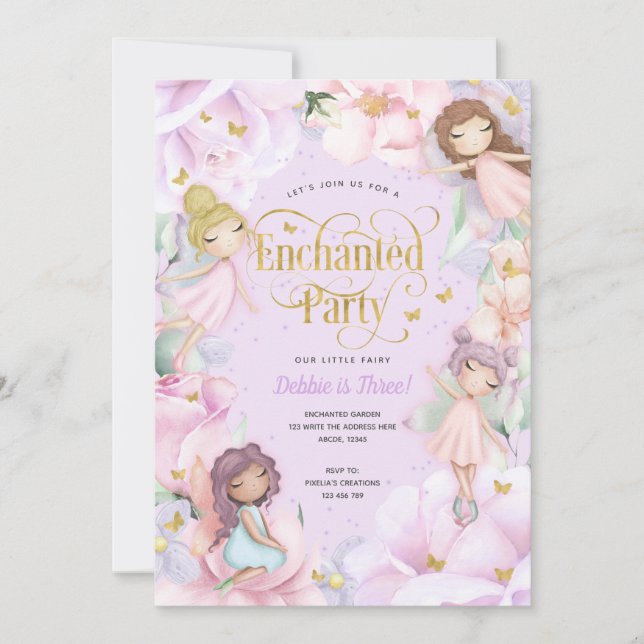 Invitation Purple Enchanted fête, Jardin fée rose (Devant)