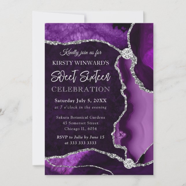 Invitation Purple et Argent Faux Parties scintillant Agate Sw (Devant)