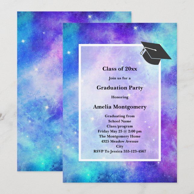 Invitation Purple et Blue Galaxy Espace Graduation Abstraite (Devant / Derrière)