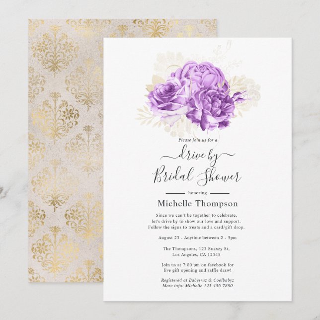 Invitation Purple et Ivory Floral Drive par douche (Devant / Derrière)