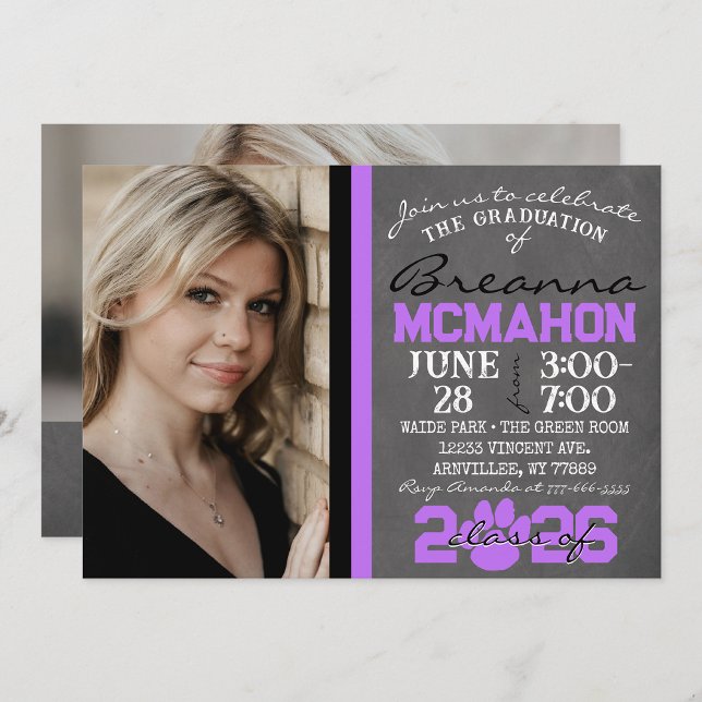 Invitation Purple et noir Empreinte de patte Graduation 2 Pho ( Repeating Class Year 1 & 2 Photo Graduation Invitations & Announcements)