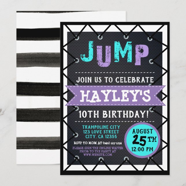 Invitation Purple et Turquoises filles Jump & Play Trampoline (Devant / Derrière)