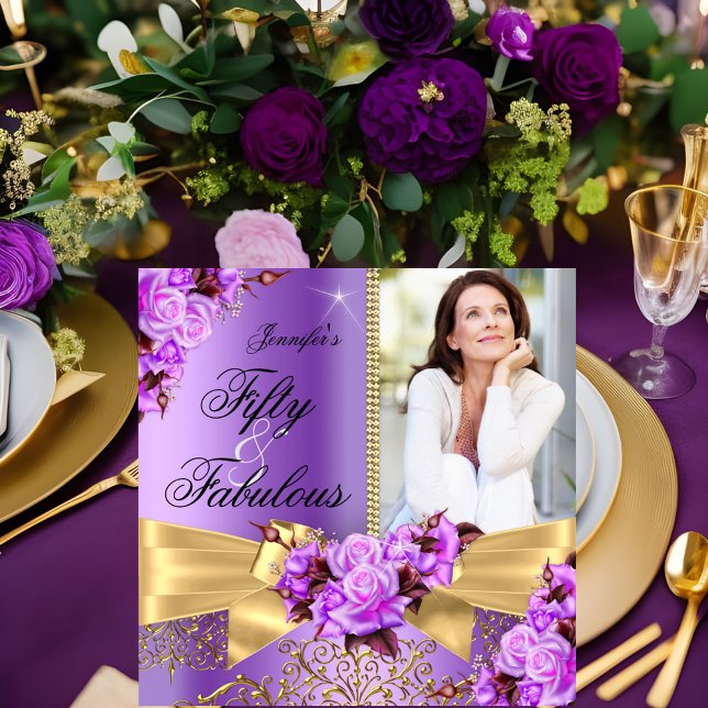 Invitation Purple Fabulous 50 Photo Gold Rose Bow Anniversair (Créateur téléchargé)