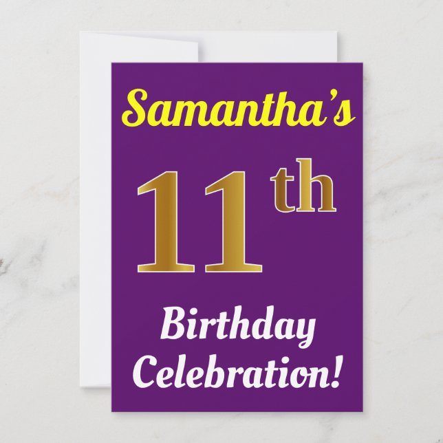 Invitation Purple, Faux Gold 11e anniversaire Célébration + N (Devant)