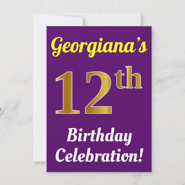 Invitation Purple, Faux Gold 12e anniversaire Célébration + N (Devant)