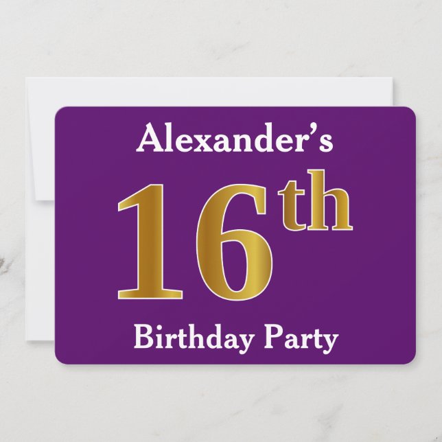 Invitation Purple, Faux Gold 16e fête d'anniversaire; Nom per (Devant)