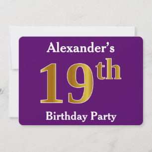 Invitation Purple, Faux Gold 19e fête d'anniversaire; Nom per