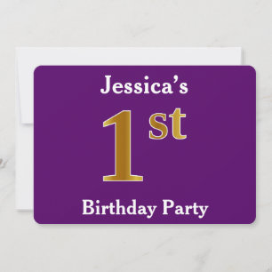 Invitation Purple, Faux Gold 1er Anniversaire Fête + Nom pers
