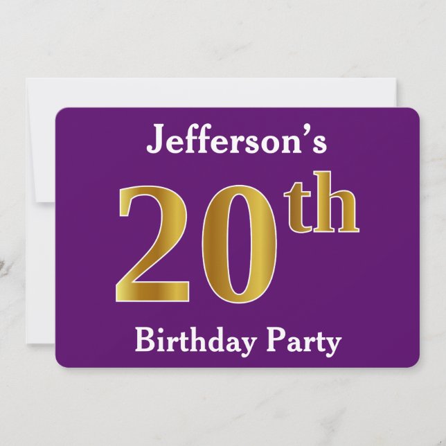 Invitation Purple, Faux Gold 20th Birthday Party; Nom personn (Devant)