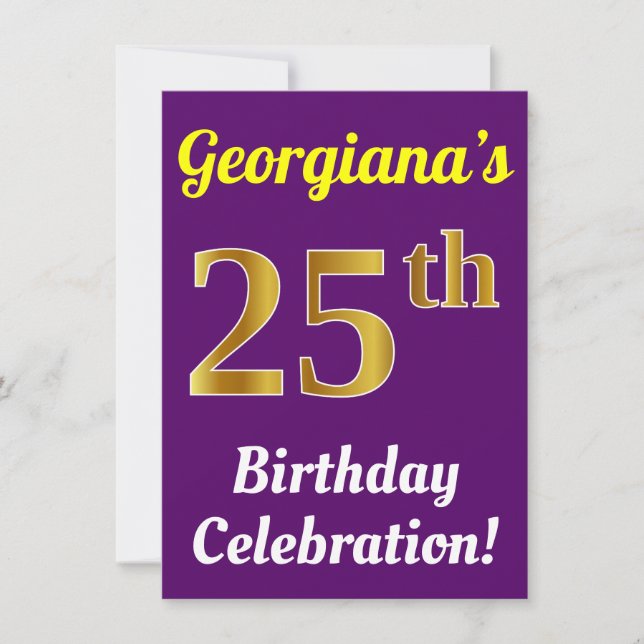 Invitation Purple, Faux Gold 25e anniversaire Célébration + N (Devant)