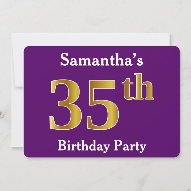Invitation Purple, Faux Gold 35th Birthday Party; Nom personn (Devant)