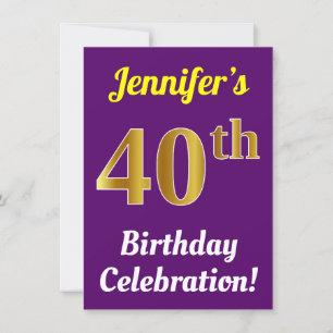 Invitation Purple, Faux Gold 40th Birthday Celebration + Nom