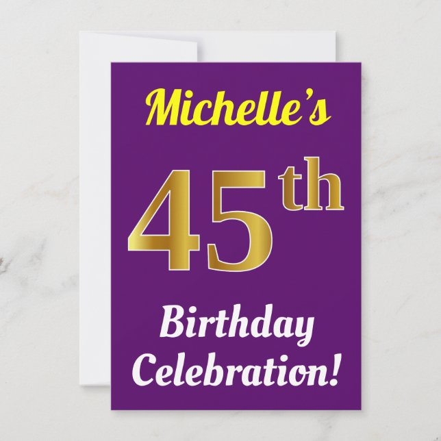 Invitation Purple, Faux Gold 45e anniversaire Célébration + N (Devant)