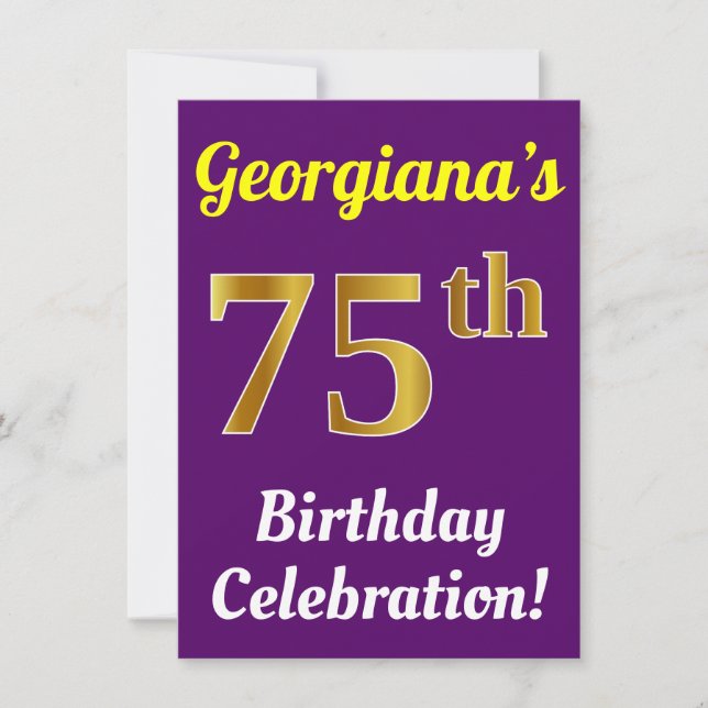 Invitation Purple, Faux Gold 75e anniversaire Célébration + N (Devant)