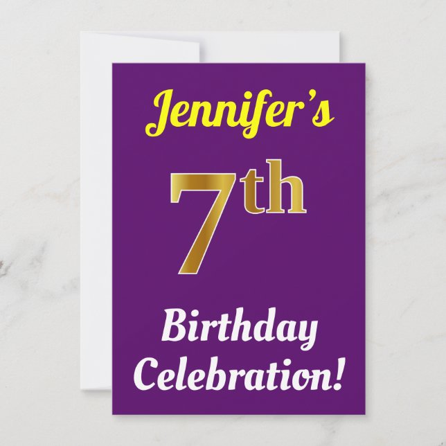 Invitation Purple, Faux Gold 7e anniversaire Célébration + No (Devant)