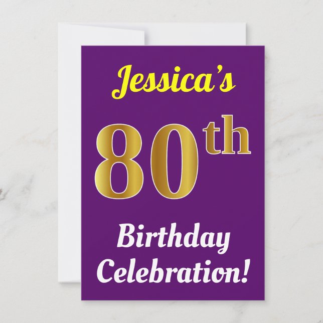 Invitation Purple, Faux Gold 80e anniversaire Célébration + N (Devant)