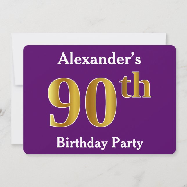 Invitation Purple, Faux Gold 90th Birthday Party; Nom personn (Devant)
