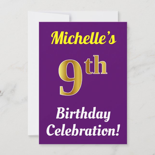 Invitation Purple, Faux Gold 9e fête d'anniversaire + Nom (Devant)