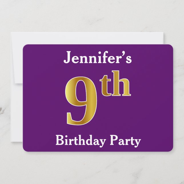 Invitation Purple, Faux Gold 9e fête d'anniversaire + Nom per (Devant)