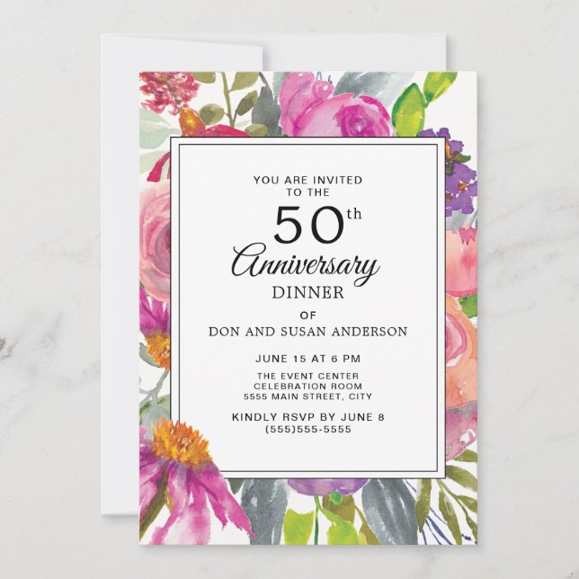 Invitation Purple Fleur sauvage rose 50e anniversaire de Mari (Devant)