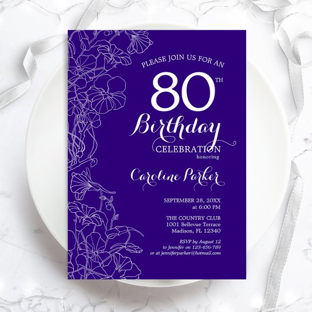 Invitation Purple Floral 80e fête d'anniversaire (Créateur téléchargé)