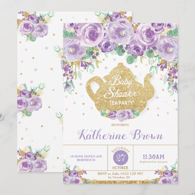 Invitation Purple Floral Baby shower Tea Party Baby Girl (Devant / Derrière)