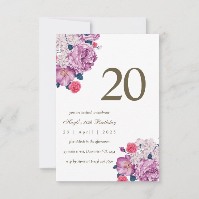 Invitation Purple Floral Botanical Simple Chic 20e anniversai (Devant)