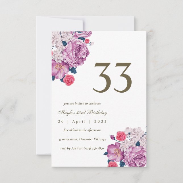 Invitation Purple Floral Botanical Simple Chic 33ème annivers (Devant)