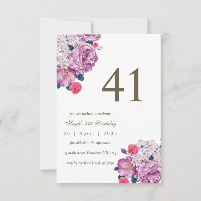 Invitation Purple Floral Botanical Simple Chic 41e anniversai (Devant)