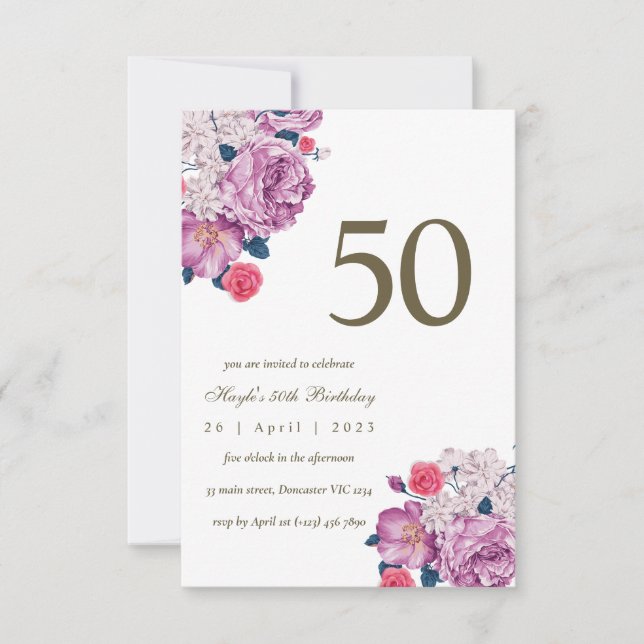 Invitation Purple Floral Botanical Simple Chic 50e anniversai (Devant)