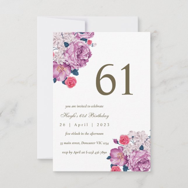Invitation Purple Floral Botanical Simple Chic 61e anniversai (Devant)