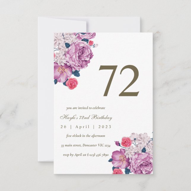 Invitation Purple Floral Botanical Simple Chic 72e anniversai (Devant)