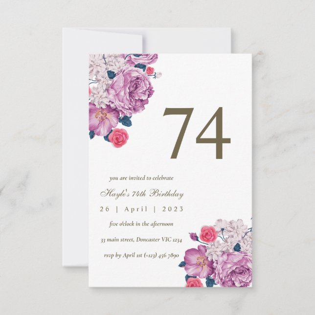 Invitation Purple Floral Botanical Simple Chic 74e anniversai (Devant)