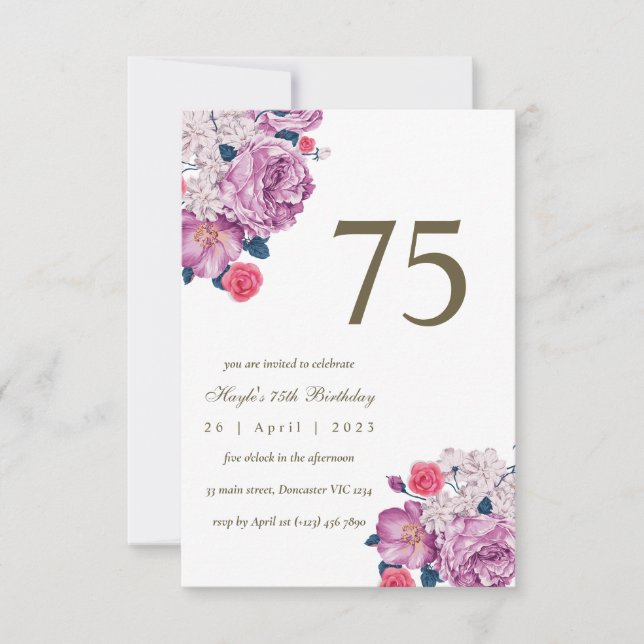 Invitation Purple Floral Botanical Simple Chic 75e anniversai (Devant)