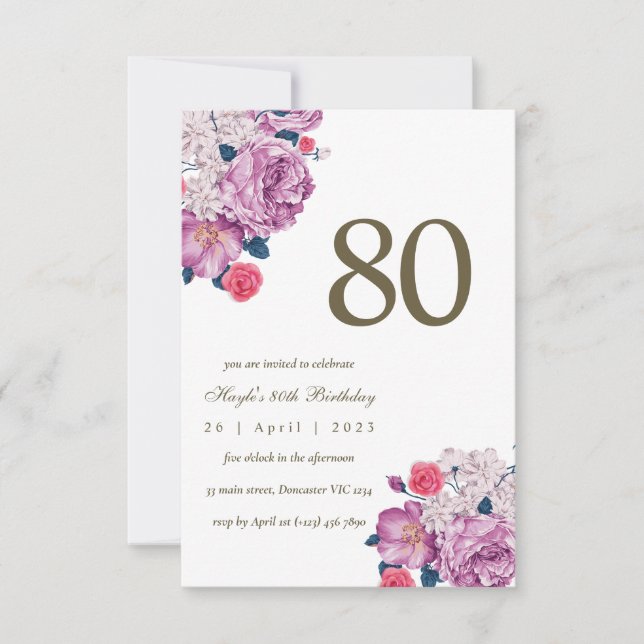 Invitation Purple Floral Botanical Simple Chic 80e anniversai (Devant)