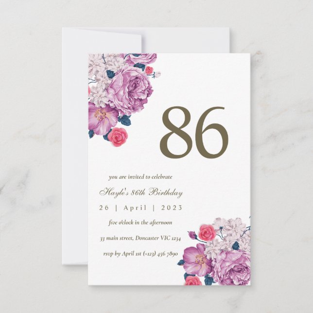 Invitation Purple Floral Botanical Simple Chic 86e anniversai (Devant)