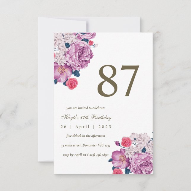Invitation Purple Floral Botanical Simple Chic 87e anniversai (Devant)