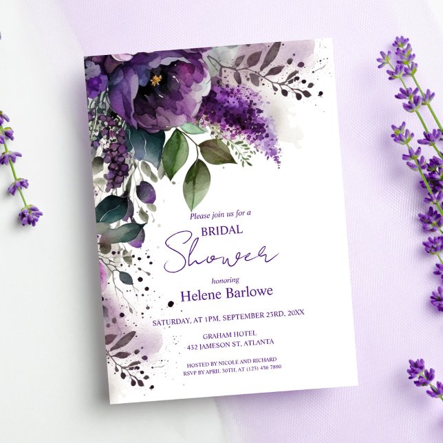 Invitation Purple Floral Botanique Élégante Fête des mariées (Purple Floral Botanical Elegant Bridal Shower Invitation)