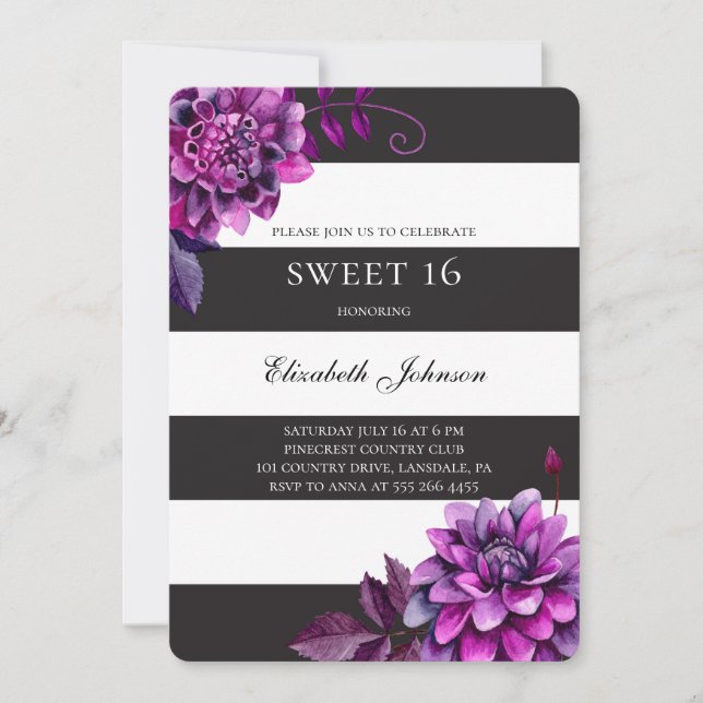 Invitation Purple floral doux 16. Anniversaire noir et blanc (Devant)