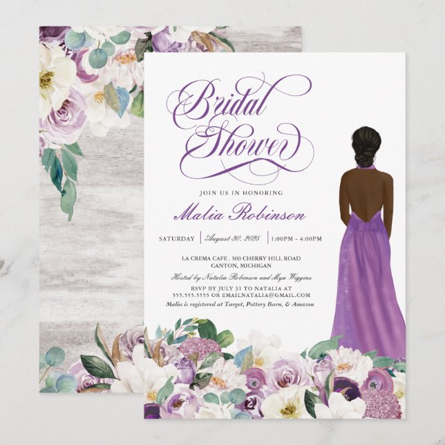 Invitation Purple Floral Élégant mariage Fête des mariées de  (Devant / Derrière)