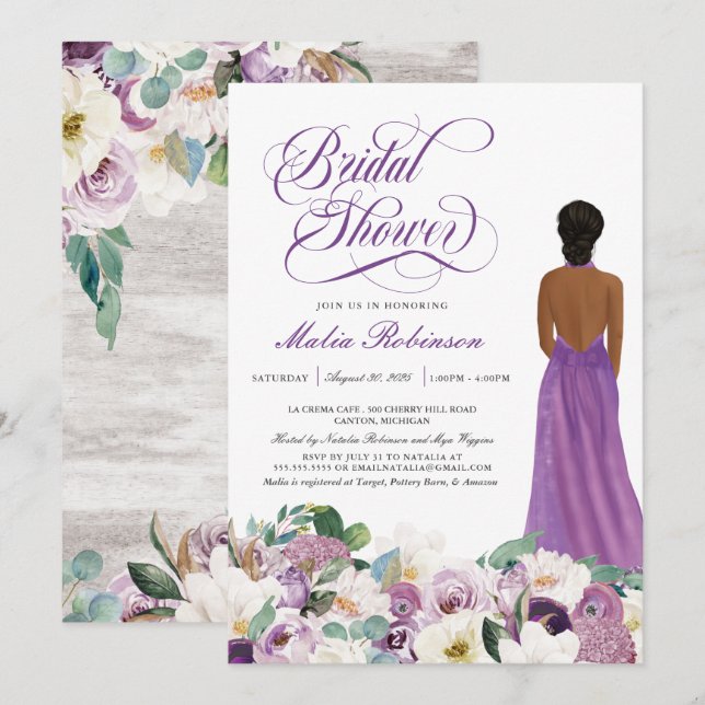 Invitation  Purple Floral Élégant mariage Fête des mariées de (Devant / Derrière)