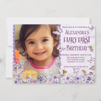 Invitation Purple Floral Fairy First QR Code Photo Birthday