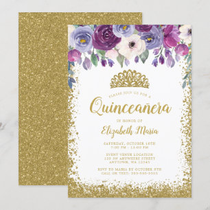 Invitation Purple Floral Faux Gold Parties scintillant Tiara