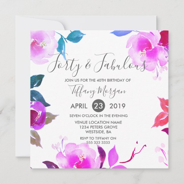 Invitation Purple Floral Forty & Fabuleux fête du 40e anniver (Devant)