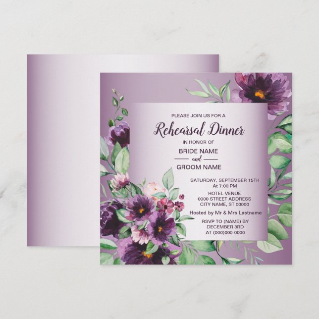 Invitation Purple Floral Geometric Greenery Rehearsal Dinner  (Devant / Derrière)