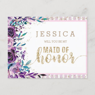 Invitation Purple Floral & Gold Serez-vous ma femme d'honneur